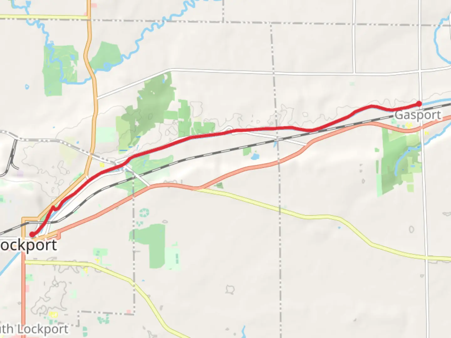 An image depicting the trail Erie Canal Path from Lockport to Gasport and its surrounding area.