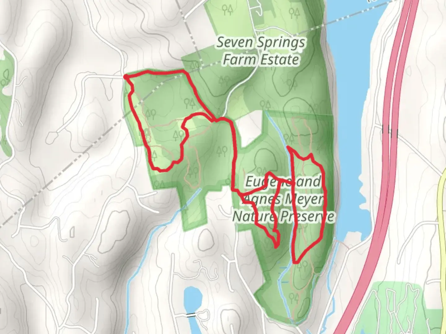 An image depicting the trail Eugene and Agnes Meyer Preserve Loop and its surrounding area.