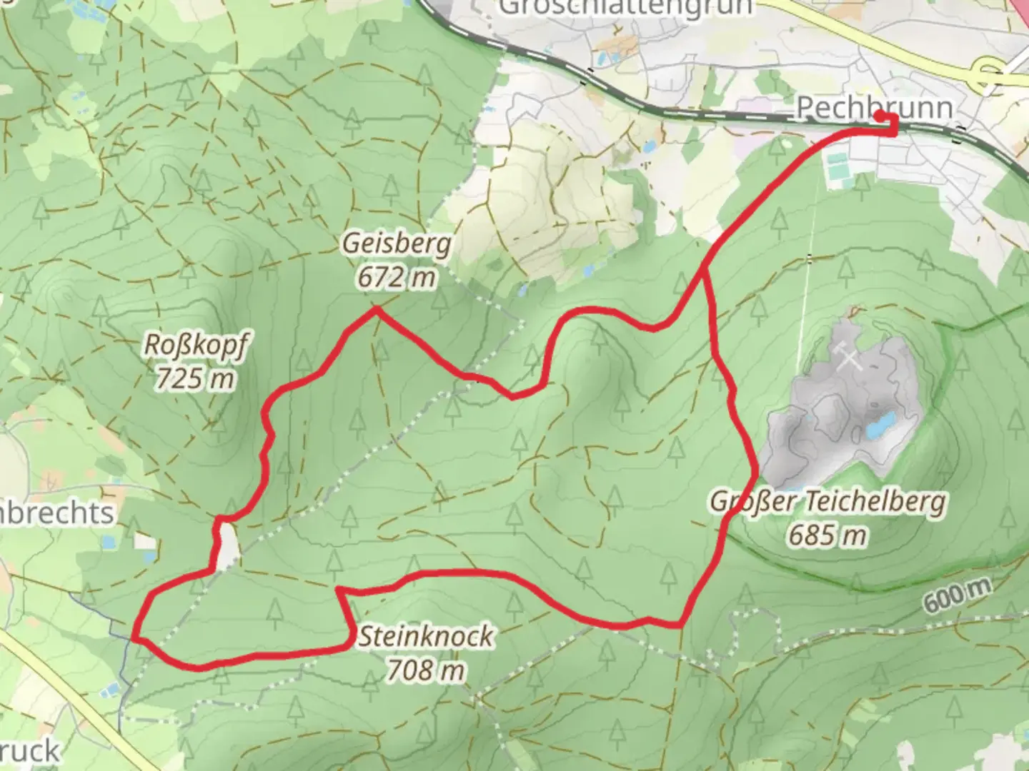 An image depicting the trail Birkenbuhl and Grober Teichlberg Loop and its surrounding area.