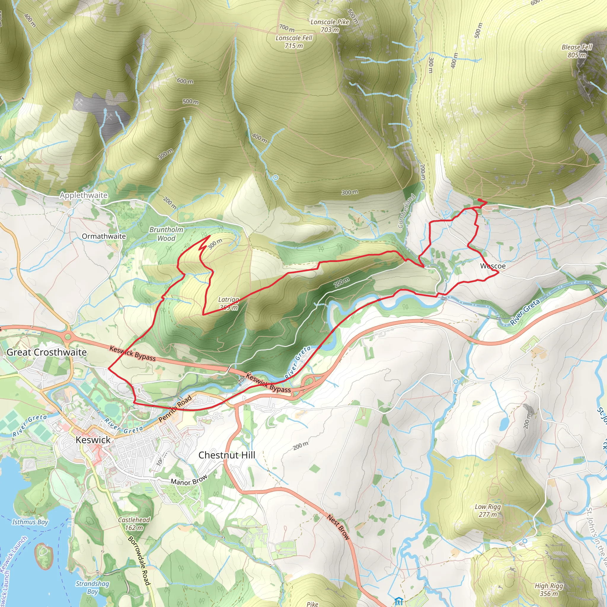 Wescoe to Keswick via Latrigg and River Greta mobile static map
