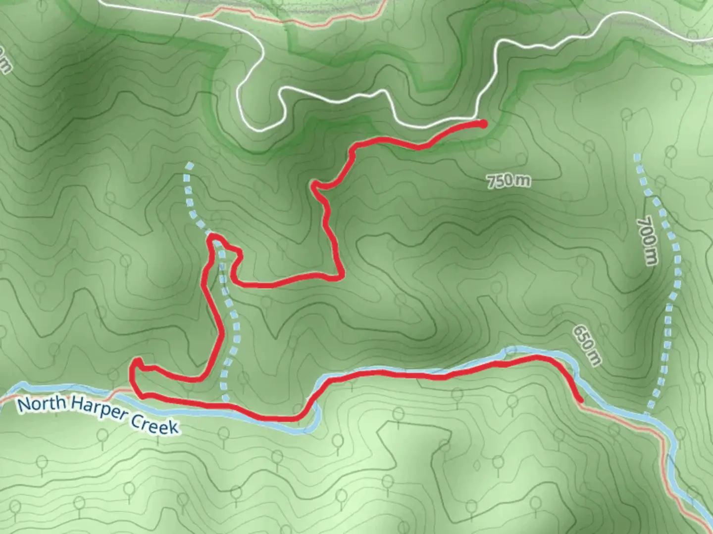 An image depicting the trail North Harper Shortcut and North Harper Creek Trail and its surrounding area.