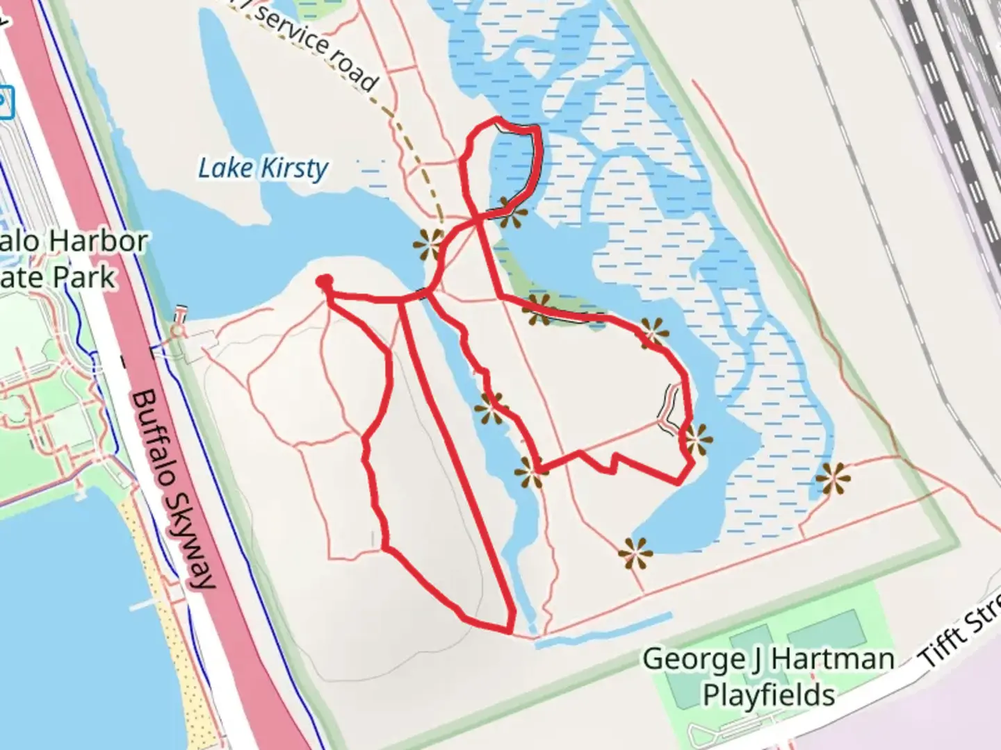 An image depicting the trail Mosquito Junction Boardwalk and Mounds Bypass Trail Loop and its surrounding area.