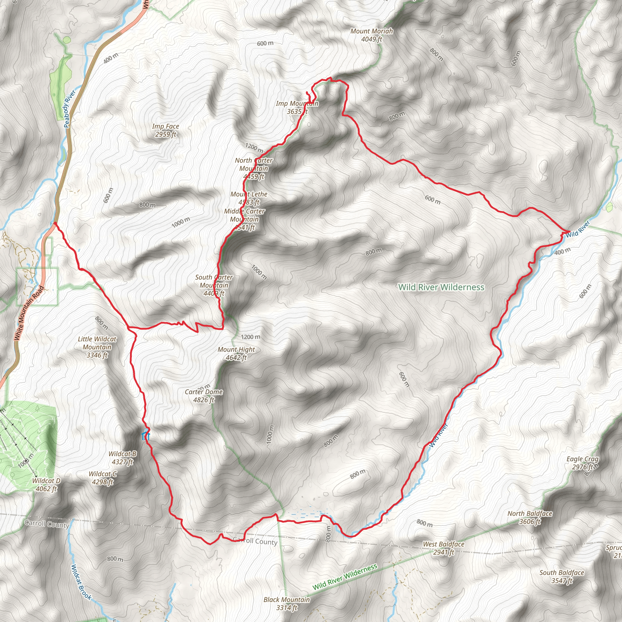 South Carter Mountain, Imp Mountain and Wild River Loop via Nineteen Mile Brook Trail mobile static map