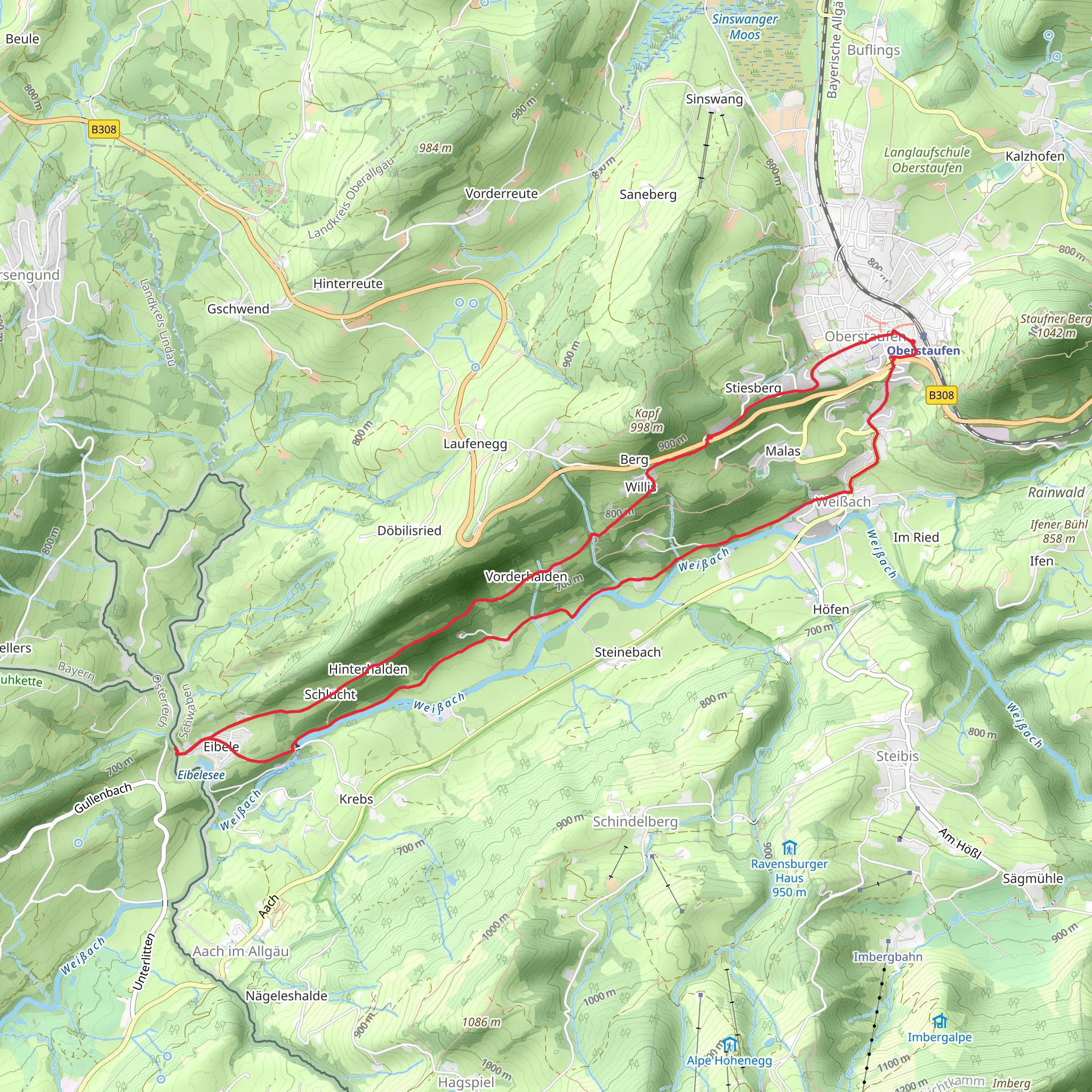 Oberstaufen and Eibele Wasserfälle Loop via Weißachtalrunde mobile static map