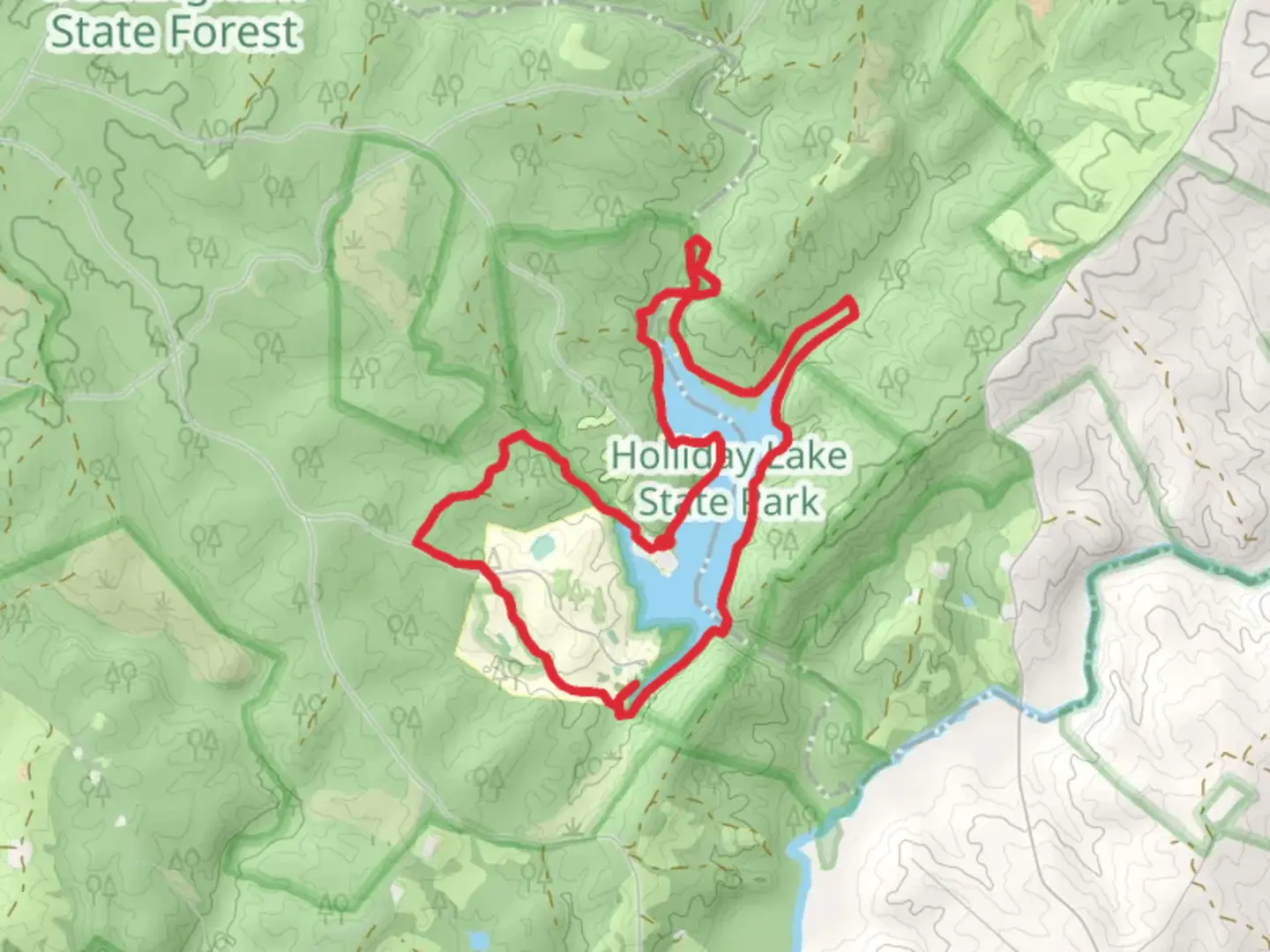 An image depicting the trail Holliday Lake Loop via Lakeshore Trail and its surrounding area.