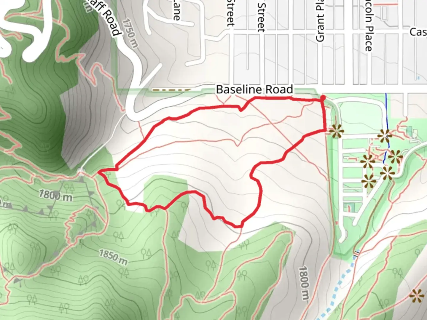 An image depicting the trail Baseline Trail and Chautauqua Trail Loop and its surrounding area.