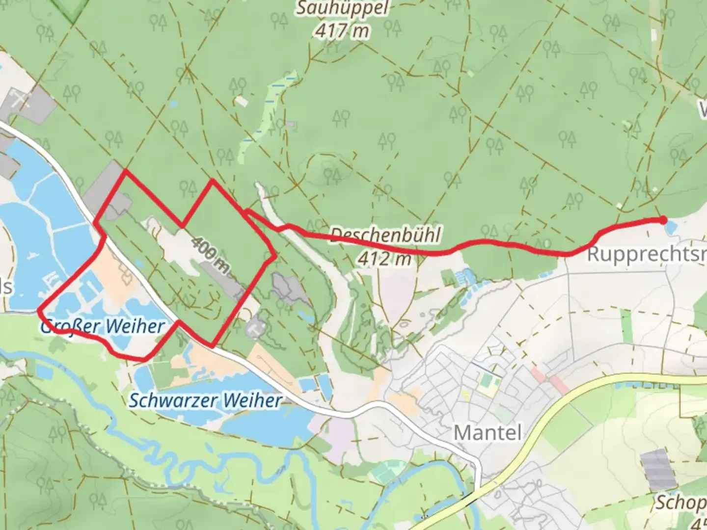 An image depicting the trail Grosser Weiher via Steinfelsweg and its surrounding area.