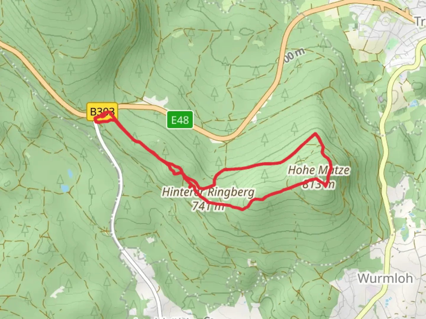 An image depicting the trail Prinzenfelsen, Girgelhoehle and Vorderer Ringberg via Hoehenweg and its surrounding area.