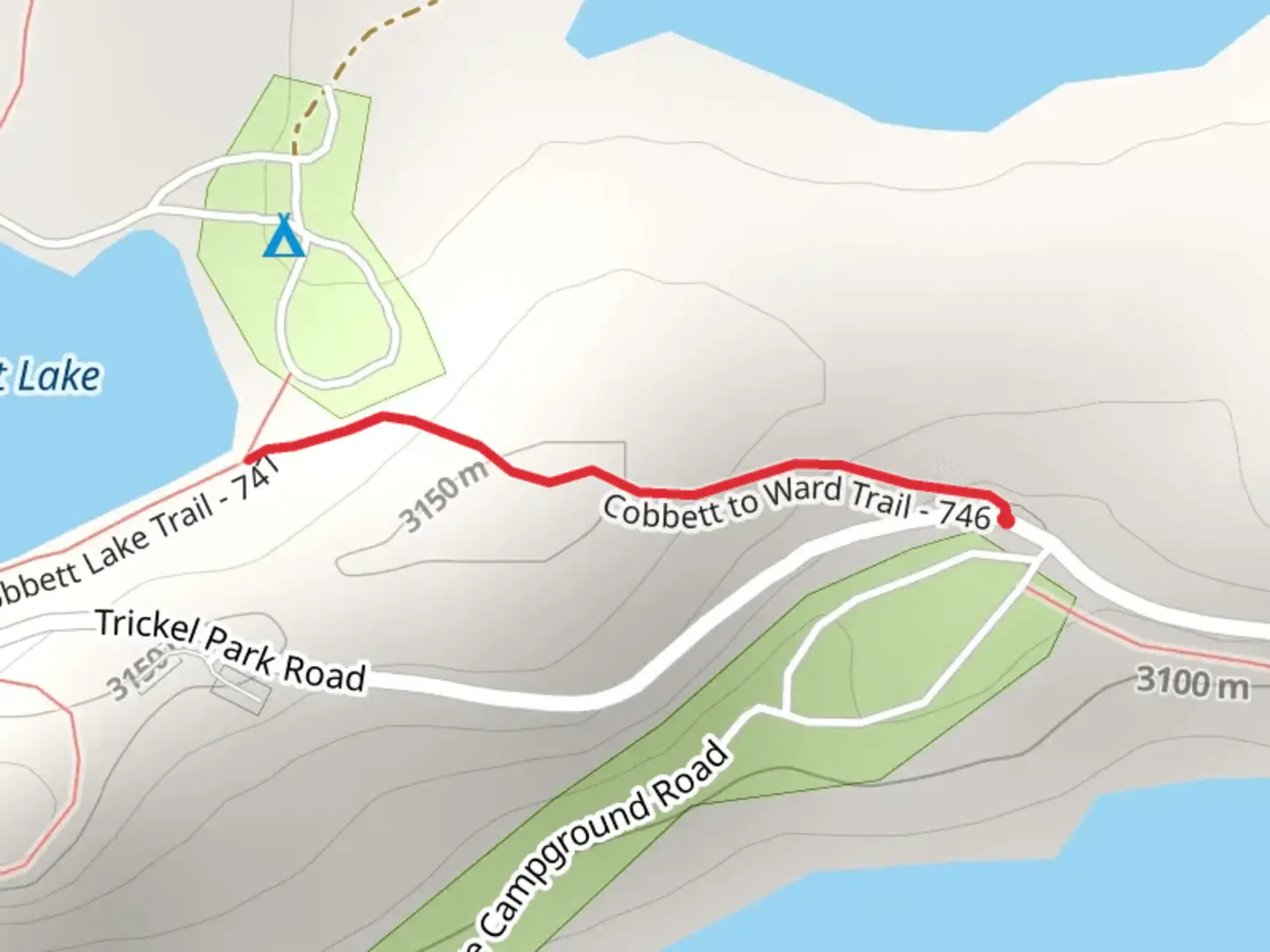 An image depicting the trail Cobbett Lake via Cobbett to Ward Trail and its surrounding area.