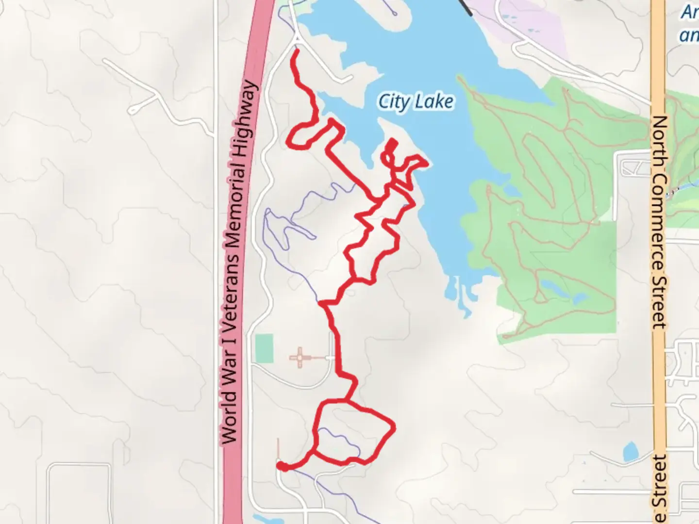 An image depicting the trail City Lake West side Walk and its surrounding area.