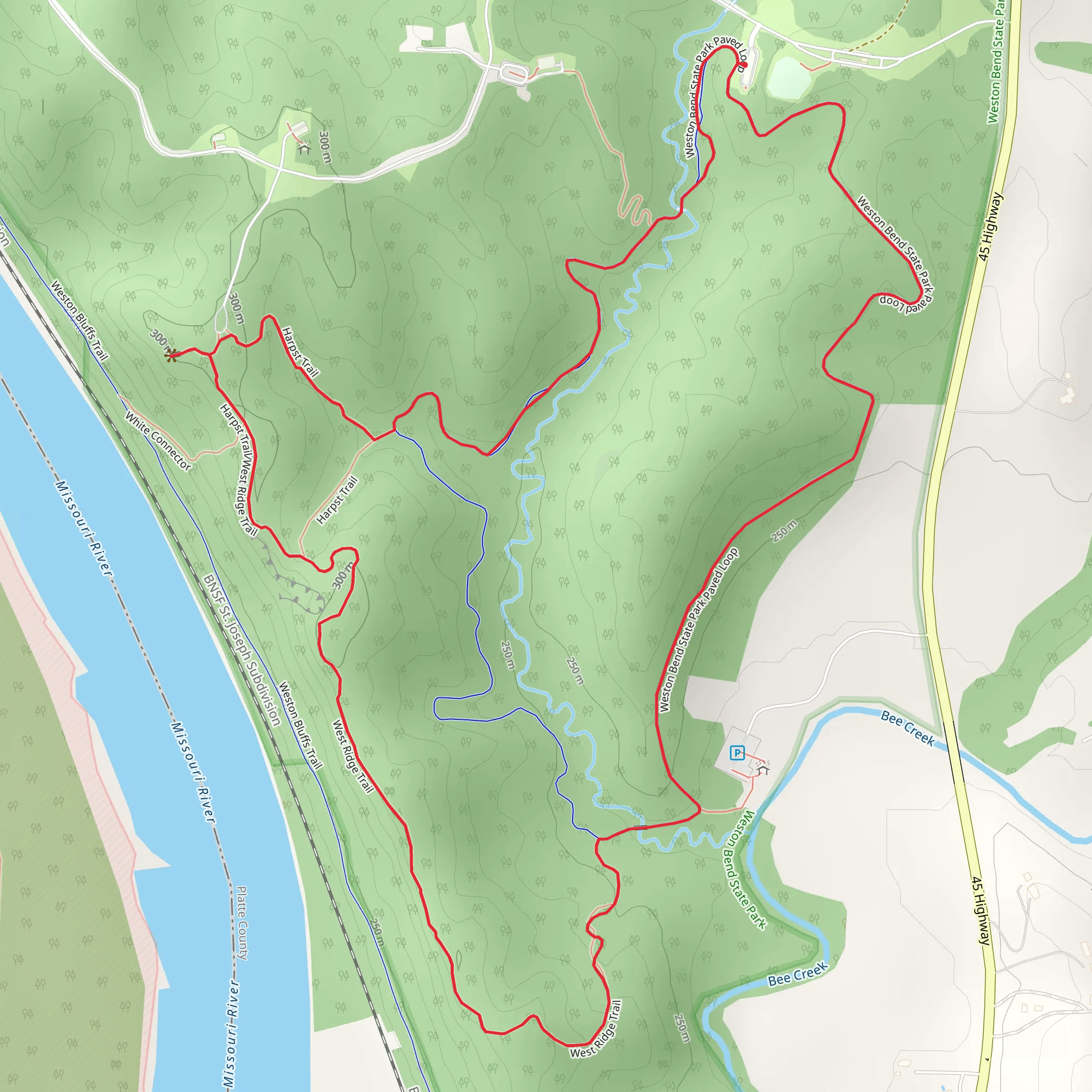 Weston Bend State Park Paved Loop and West Ridge Trail mobile static map