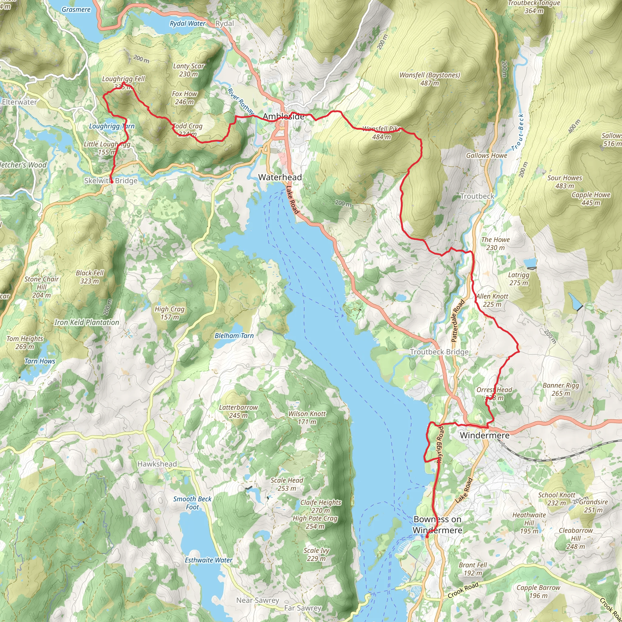Bowness on Windermere to Skelwith Bridge Walk via Windermere mobile static map
