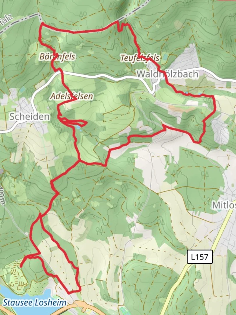 An image depicting the trail Stausee Losheim, Teufelsfelsen and Adelskopfchen Loop and its surrounding area.