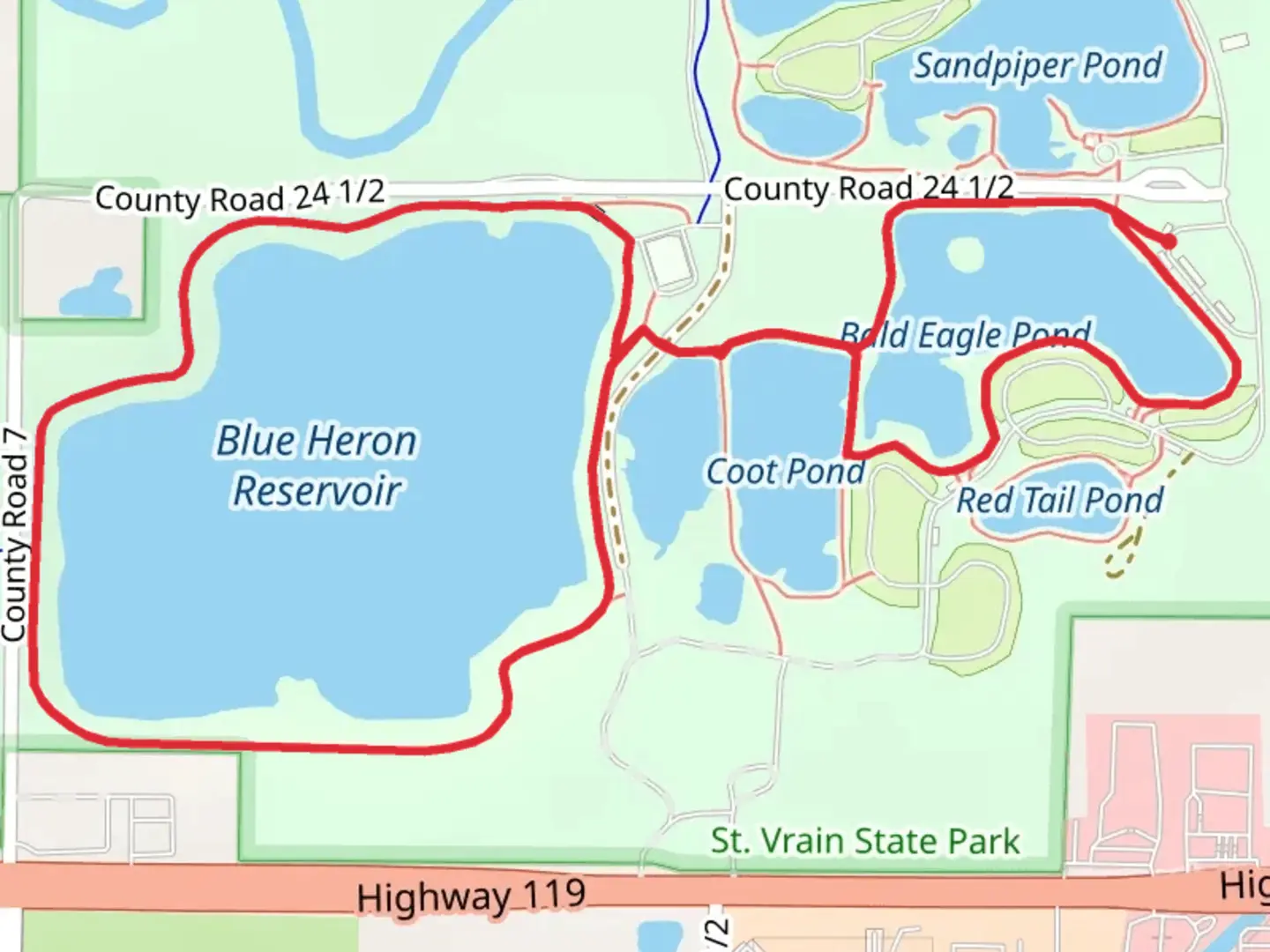 An image depicting the trail Blue Heron Reservoir, Coot Pond and Bald Eagle Pond Loop and its surrounding area.