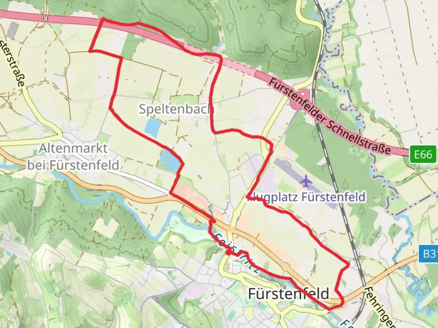 An image depicting the trail Fürstenfelder Speltenbachweg and its surrounding area.