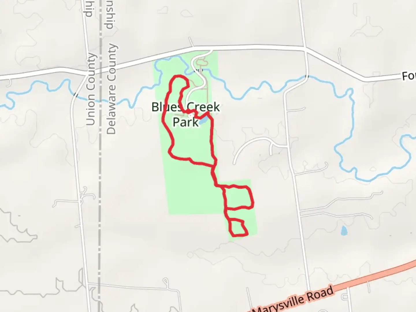An image depicting the trail Blues Creek Park Loop and its surrounding area.