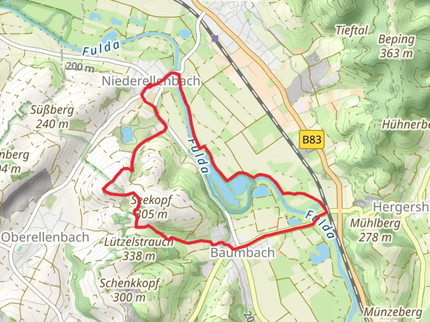 An image depicting the trail Fulda via Niederellenbach Rundweg and its surrounding area.