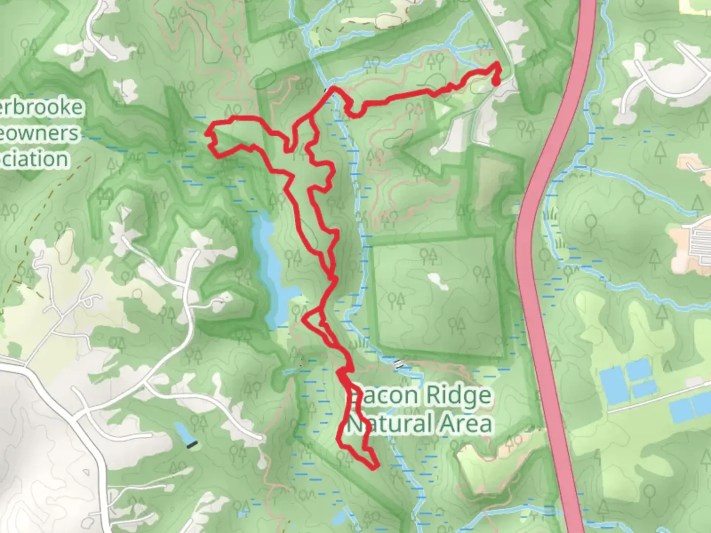 An image depicting the trail Bacon Ridge, Brick Trail and Straw Loop Trail and its surrounding area.