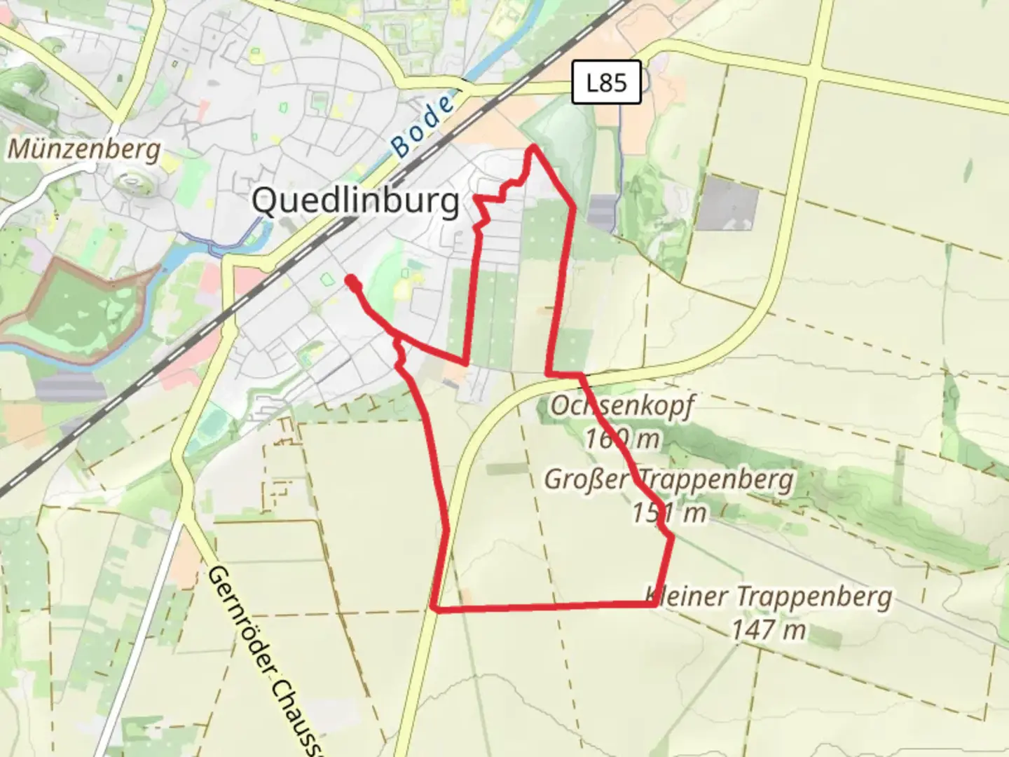 An image depicting the trail Großer Trappenberg Loop from Quedlinburg and its surrounding area.