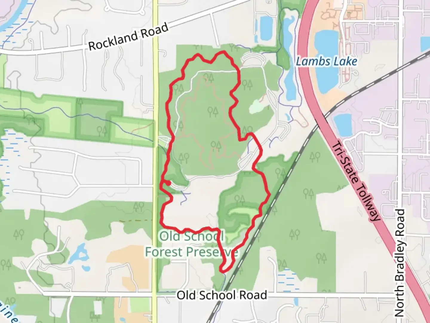 An image depicting the trail Old School Forest Preserve Loop and its surrounding area.