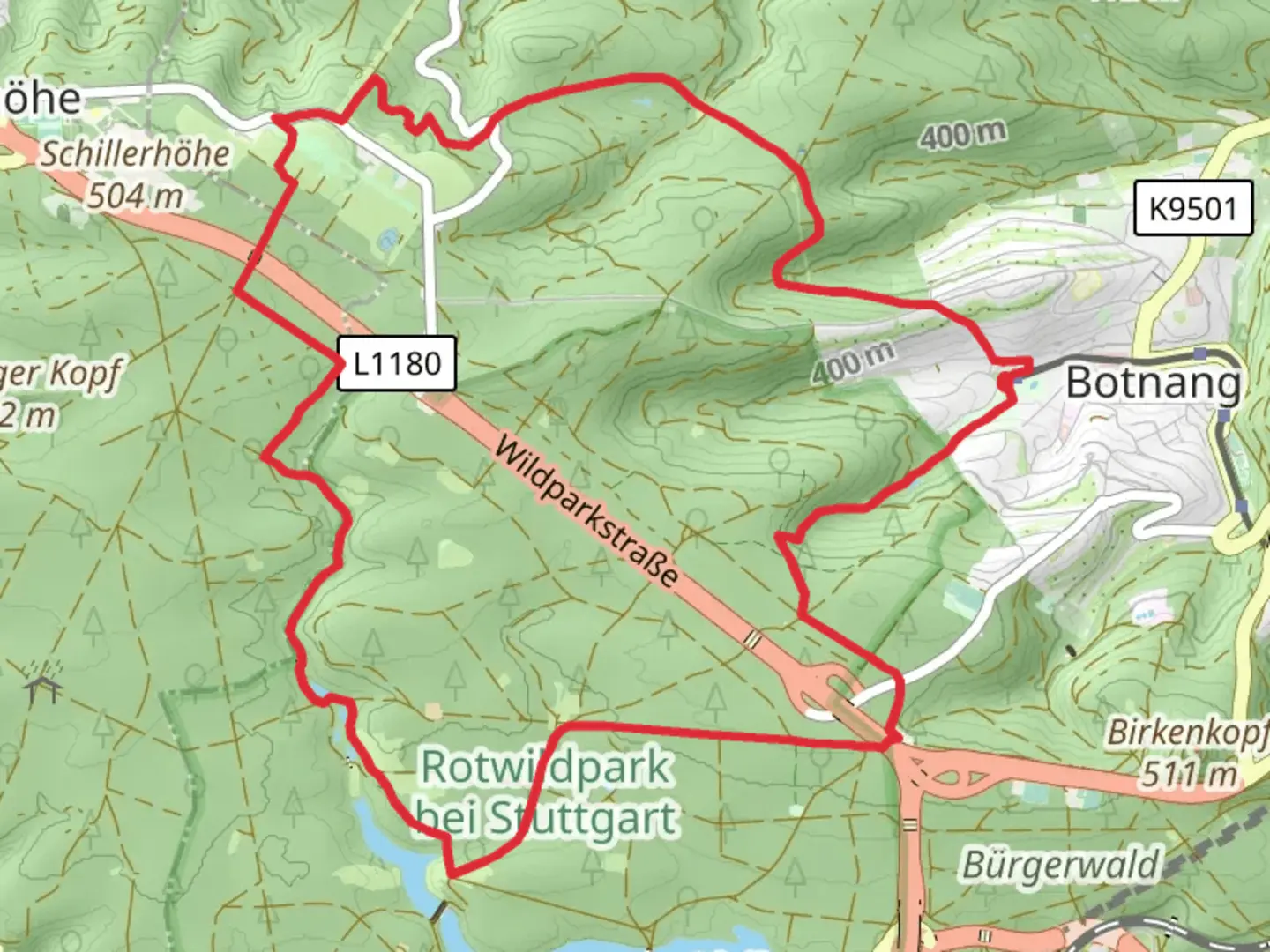An image depicting the trail Rotwildpark bei Stuttgart via Wapitiweg and Saufangweg and its surrounding area.