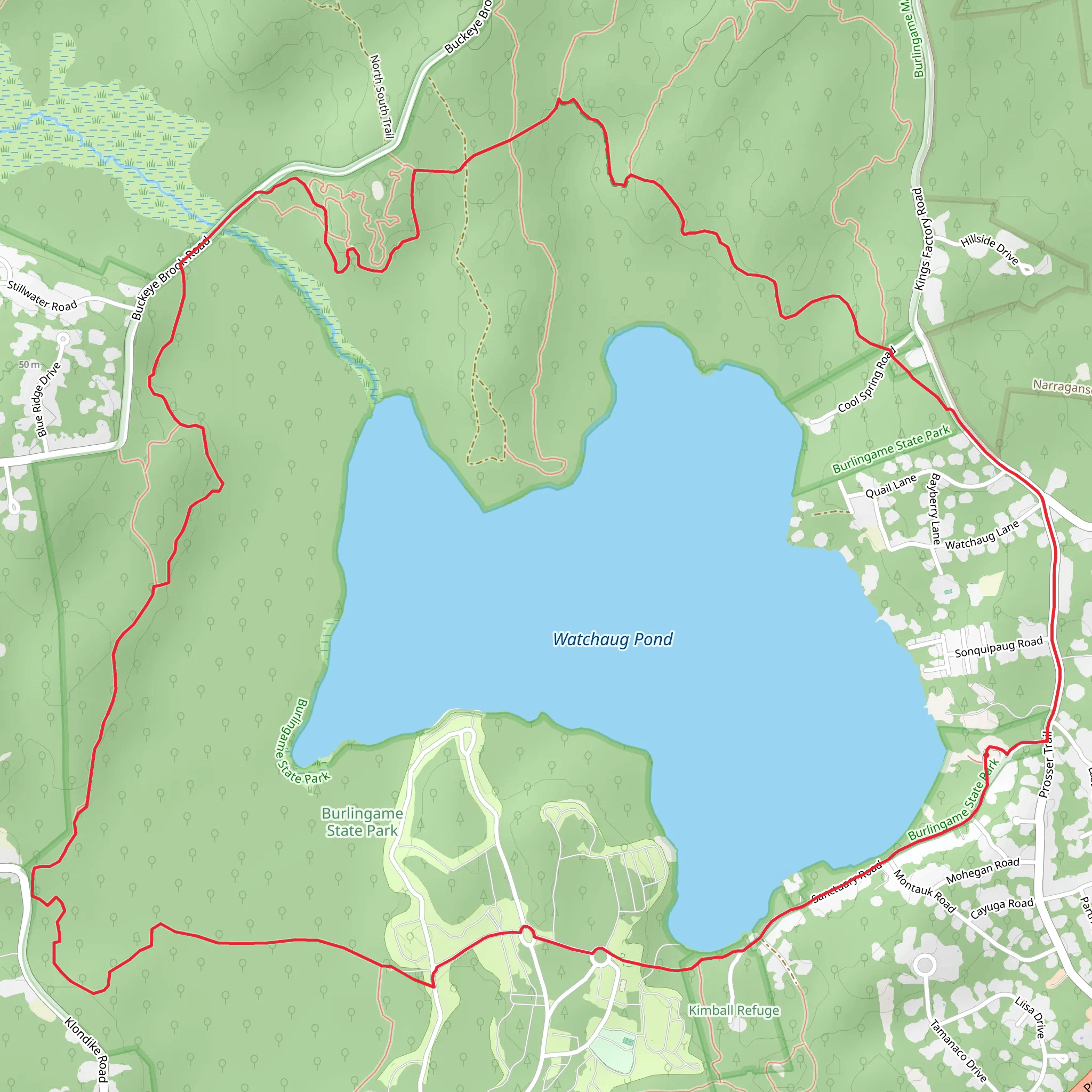 Watchaug Pond Loop via Vin Gormley Trail and North South Trail mobile static map
