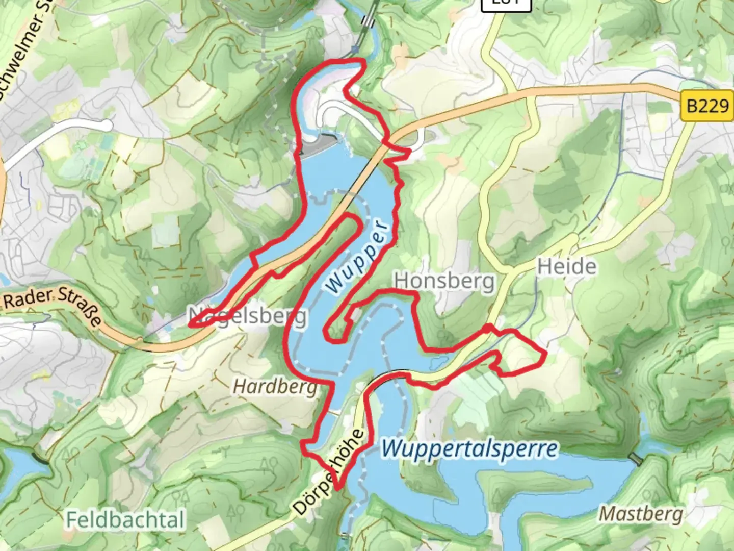 An image depicting the trail Wupper Loop via Roentgenweg R and its surrounding area.