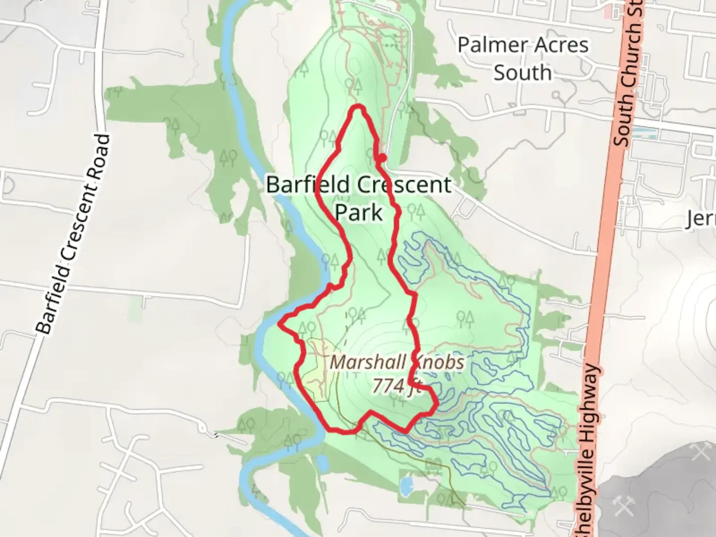 An image depicting the trail Marshall Knobs Loop Trail and its surrounding area.