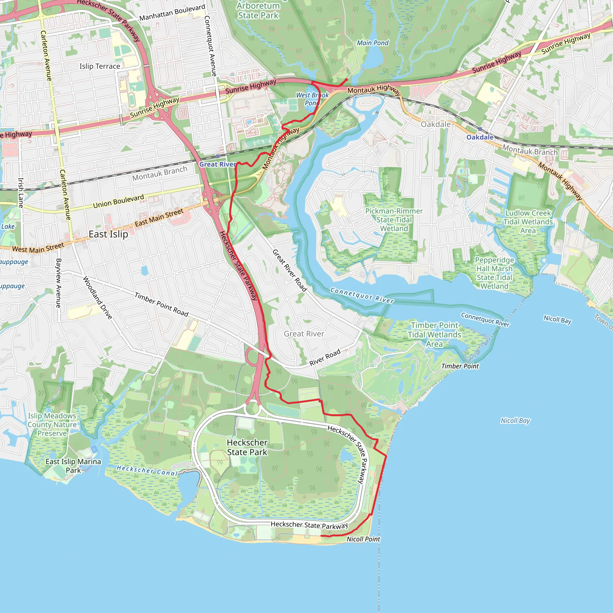 Long Island Greenbelt Trail from Lower Pond - Montauk Highway mobile static map