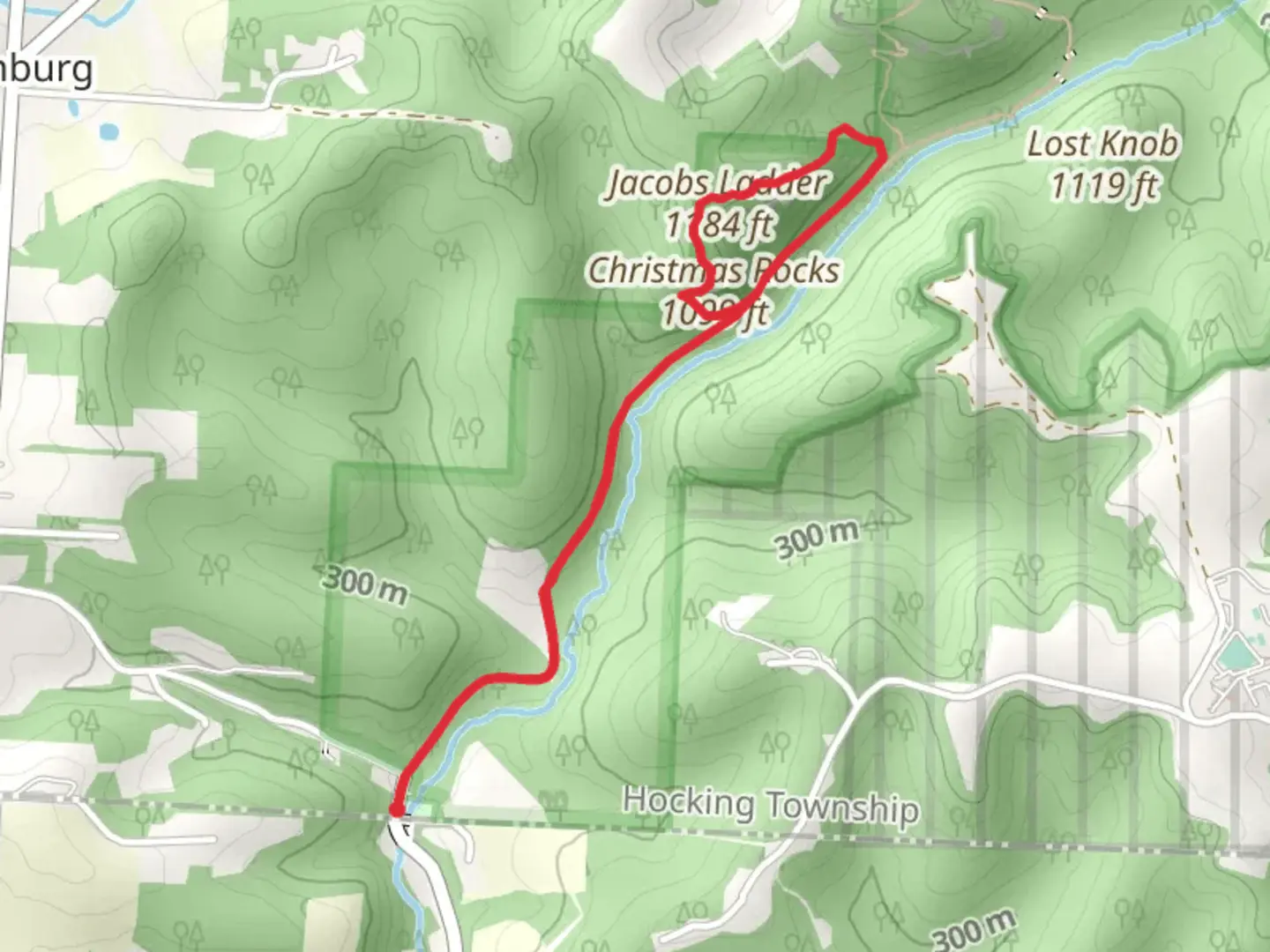 An image depicting the trail Jacobs Ladder and Christmas Rocks Loop and its surrounding area.