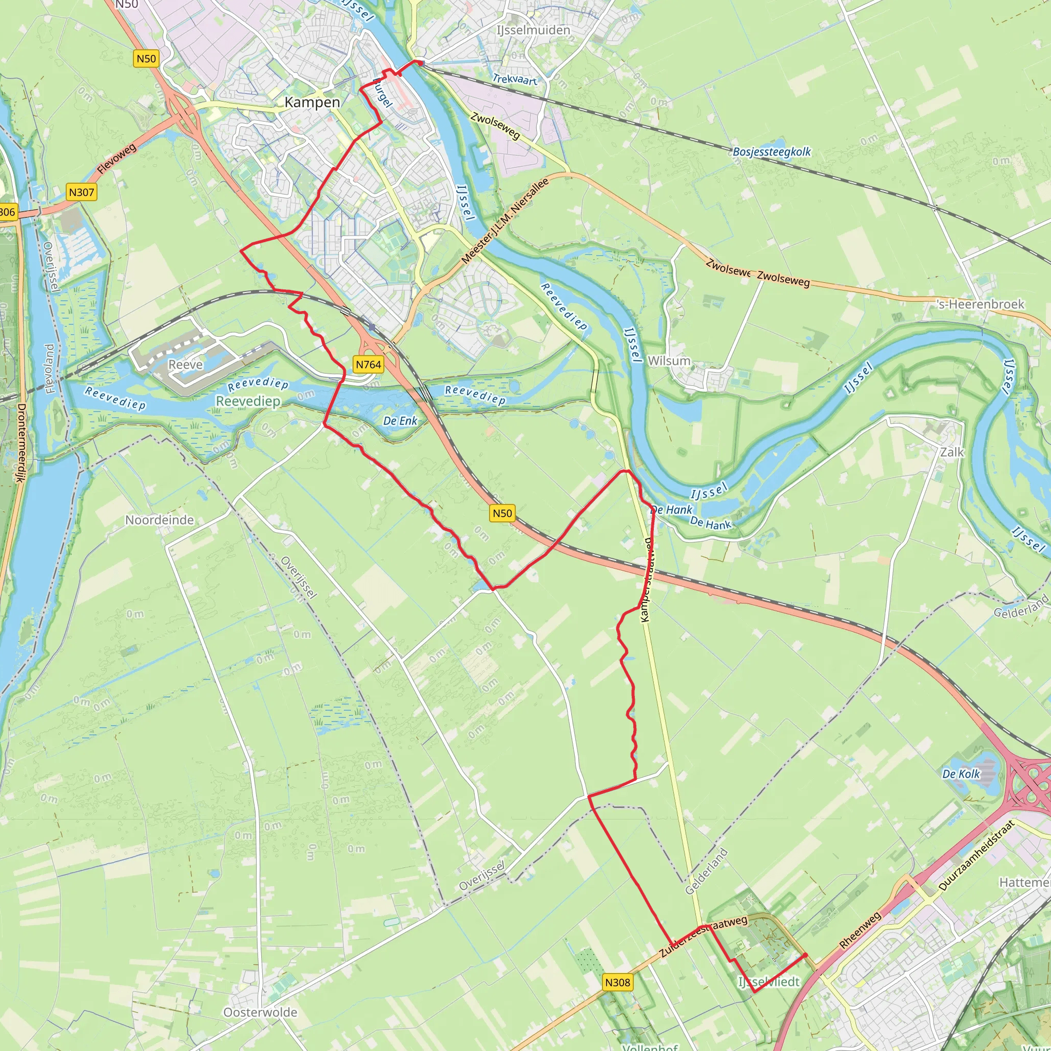 Kampen to Ijsselvlliedt via Reevediep, Pol Weg and Zuiderzeestraat Weg mobile static map