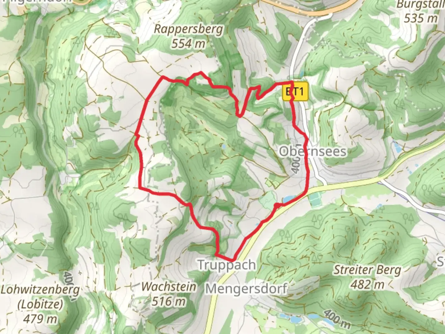 An image depicting the trail Obernsees Rundweg and Fraenkischer Gebirgsweg and its surrounding area.