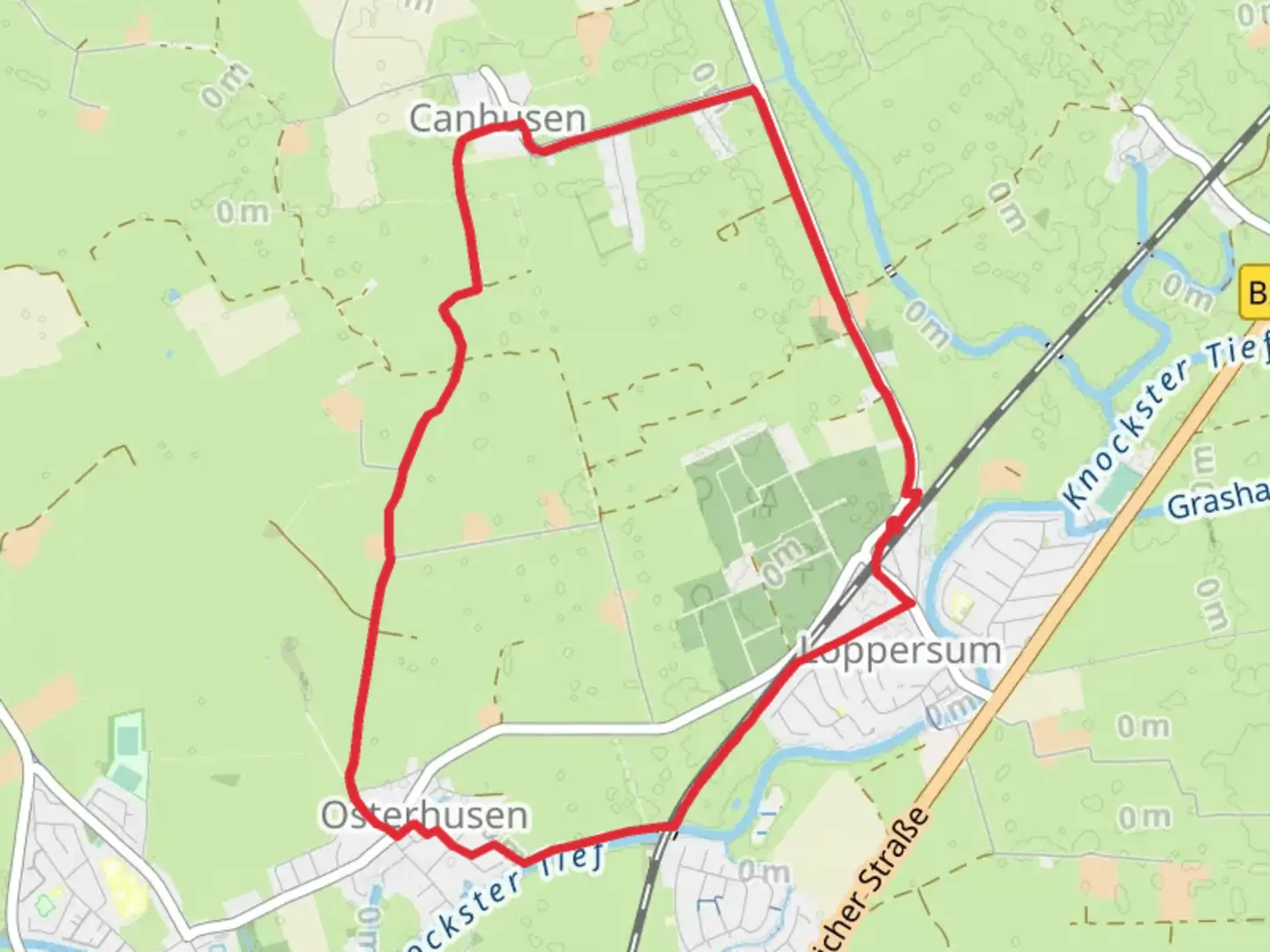 An image depicting the trail Nünerpadd and Canhuser Strasse and its surrounding area.