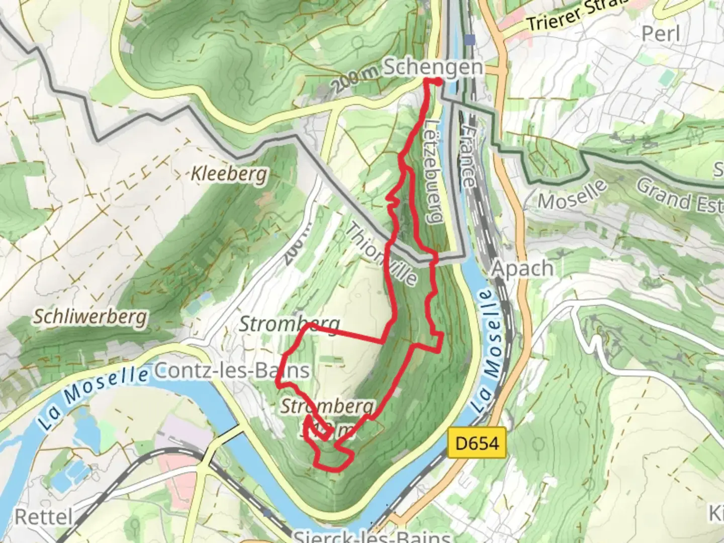 An image depicting the trail Stromberg via Schengen Grenzenlos and Moselle Trail and its surrounding area.
