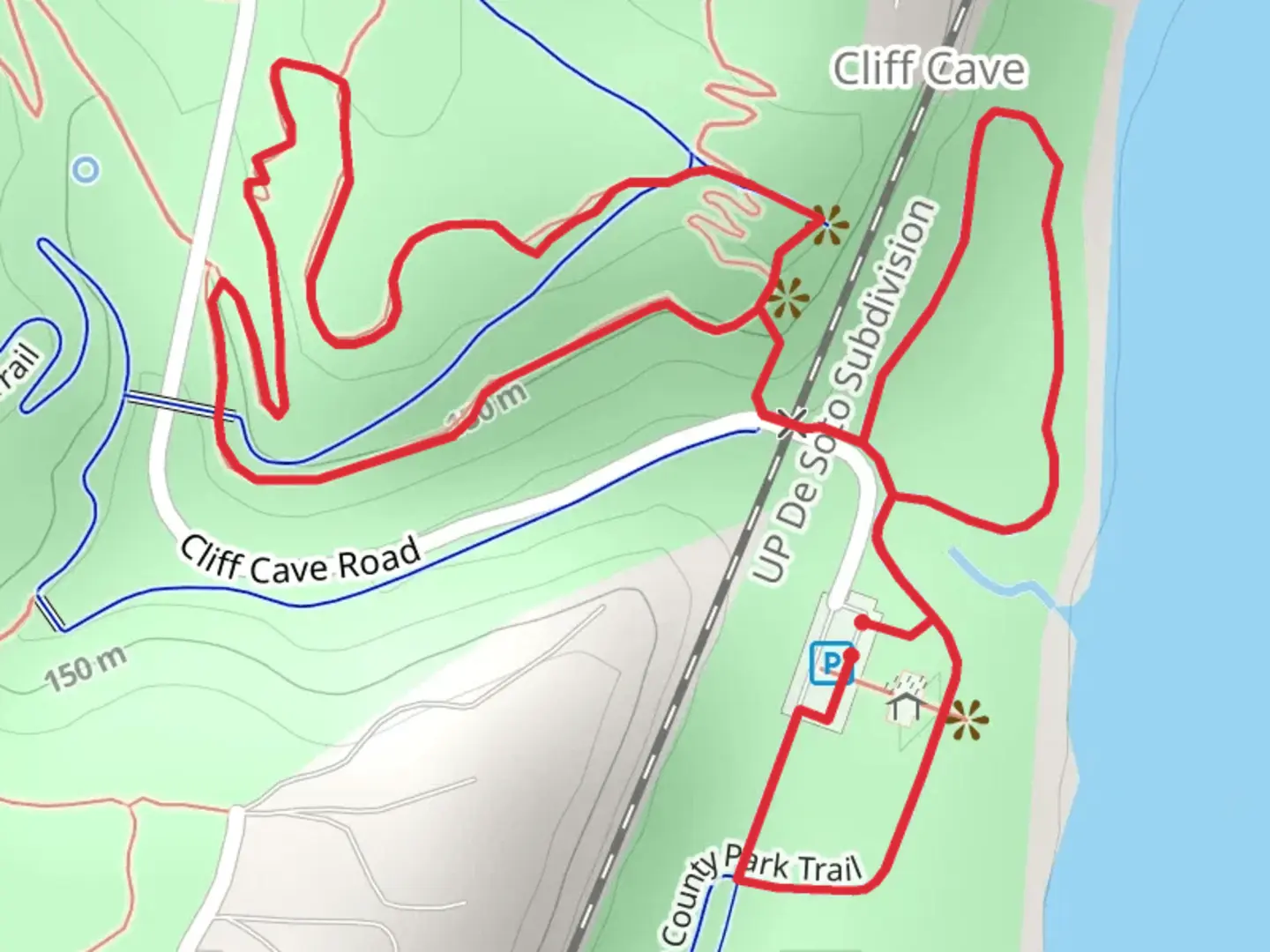 An image depicting the trail Cliff Cave County Park Loop and its surrounding area.