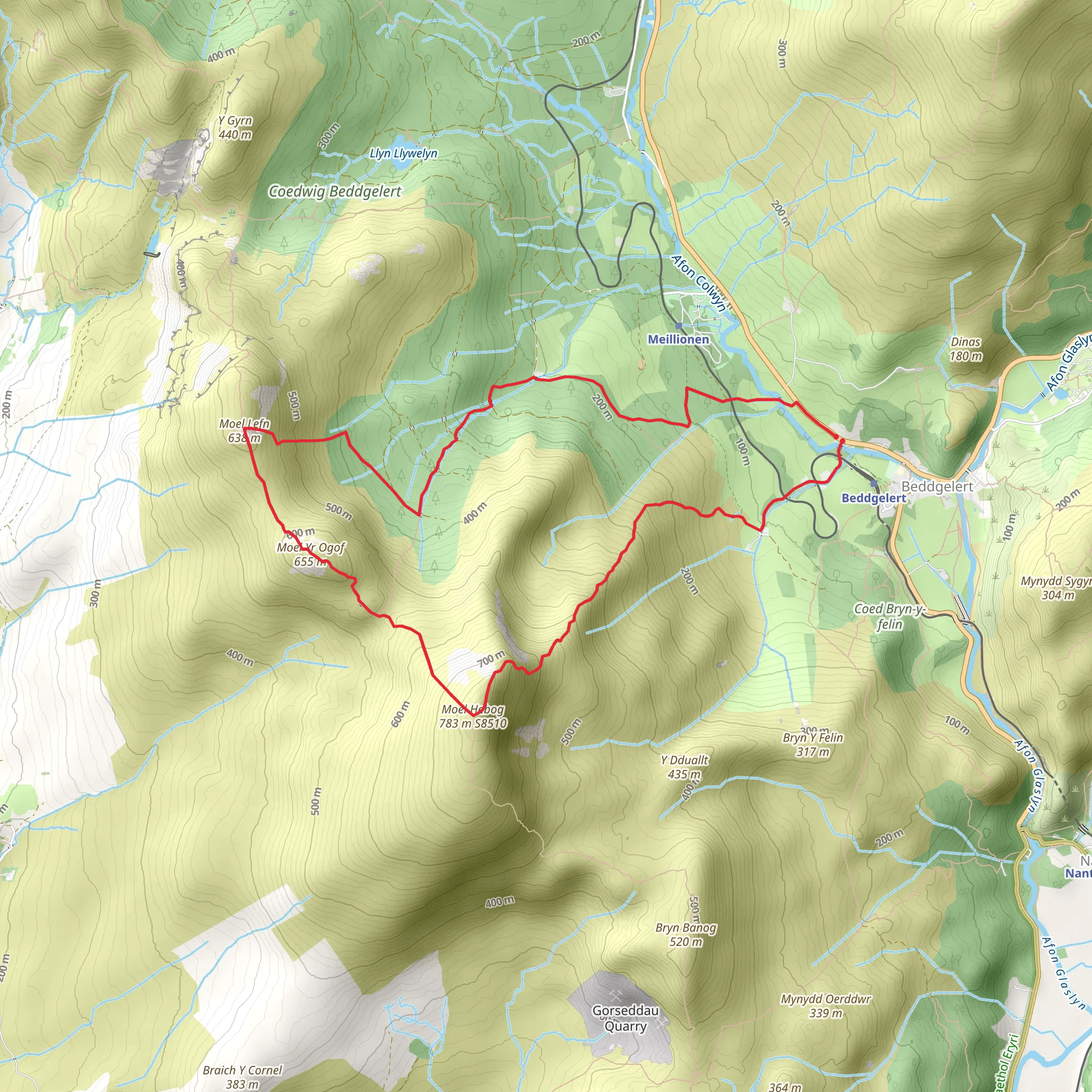 Moel Hebog - Moel yr Ogof and Moel Lefn from Beddgelert mobile static map