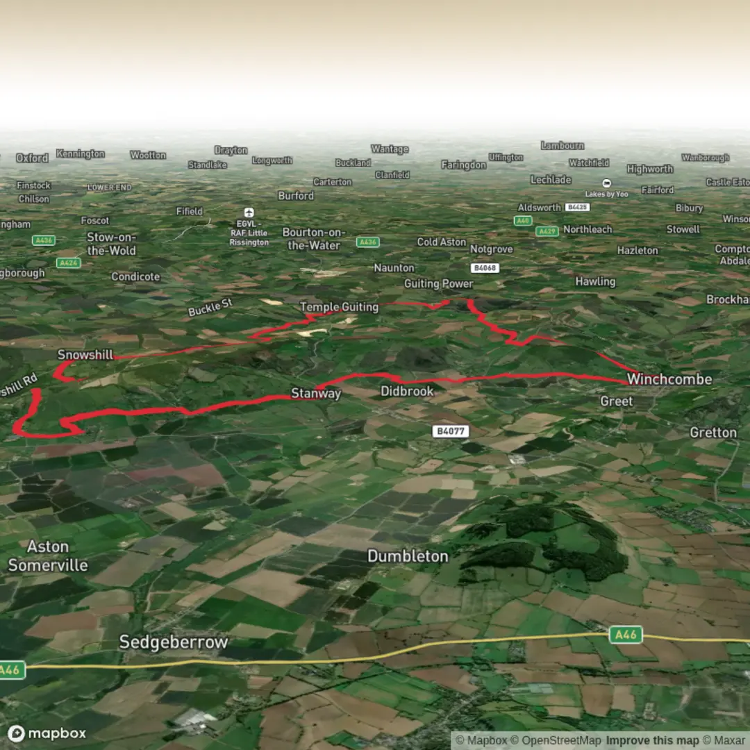 An image depicting the trail Guiting Wood, Oat Hill and Snowshill Loop via Winchcombe Way and its surrounding area.