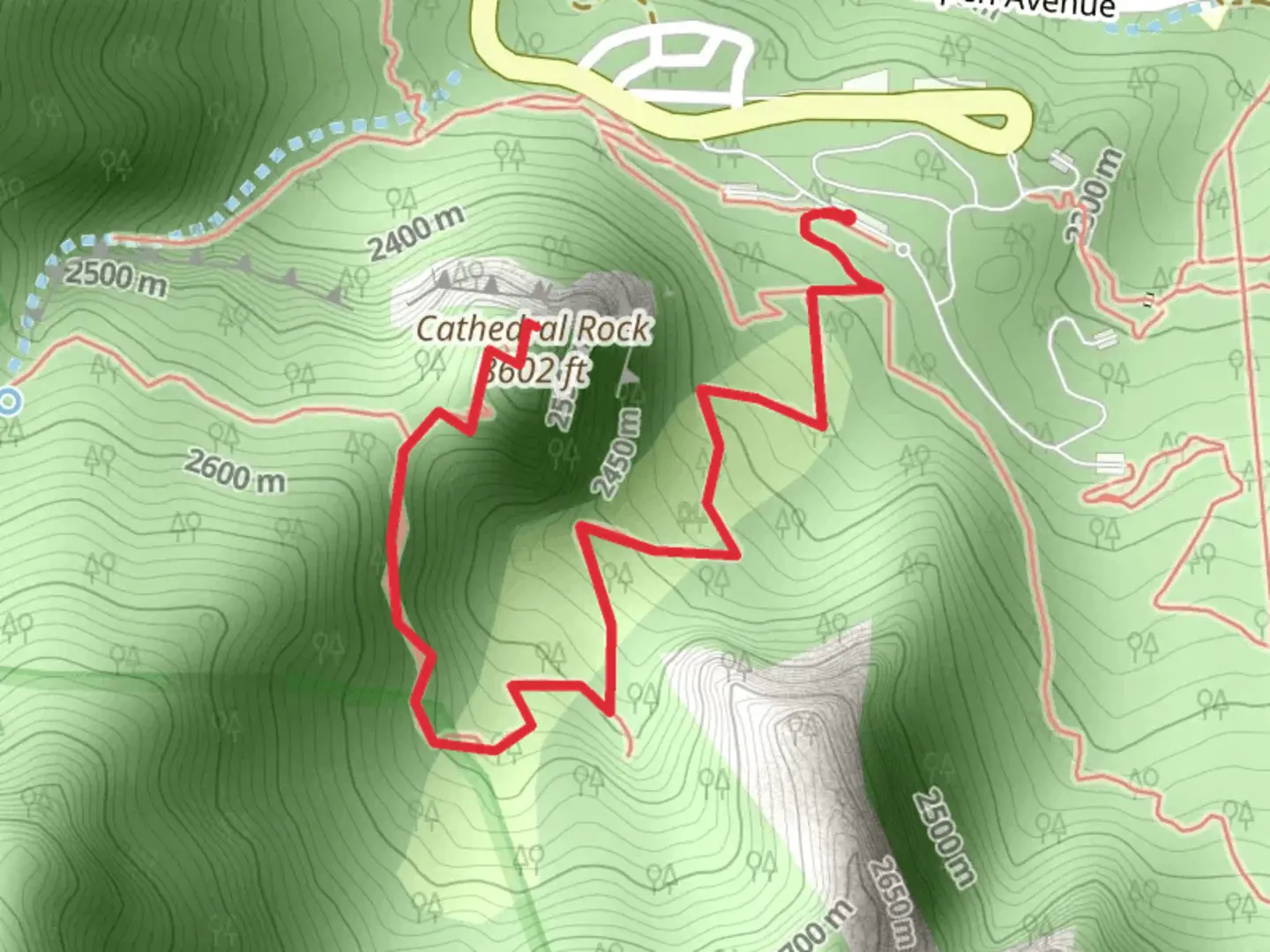 An image depicting the trail Cathedral Rock and its surrounding area.