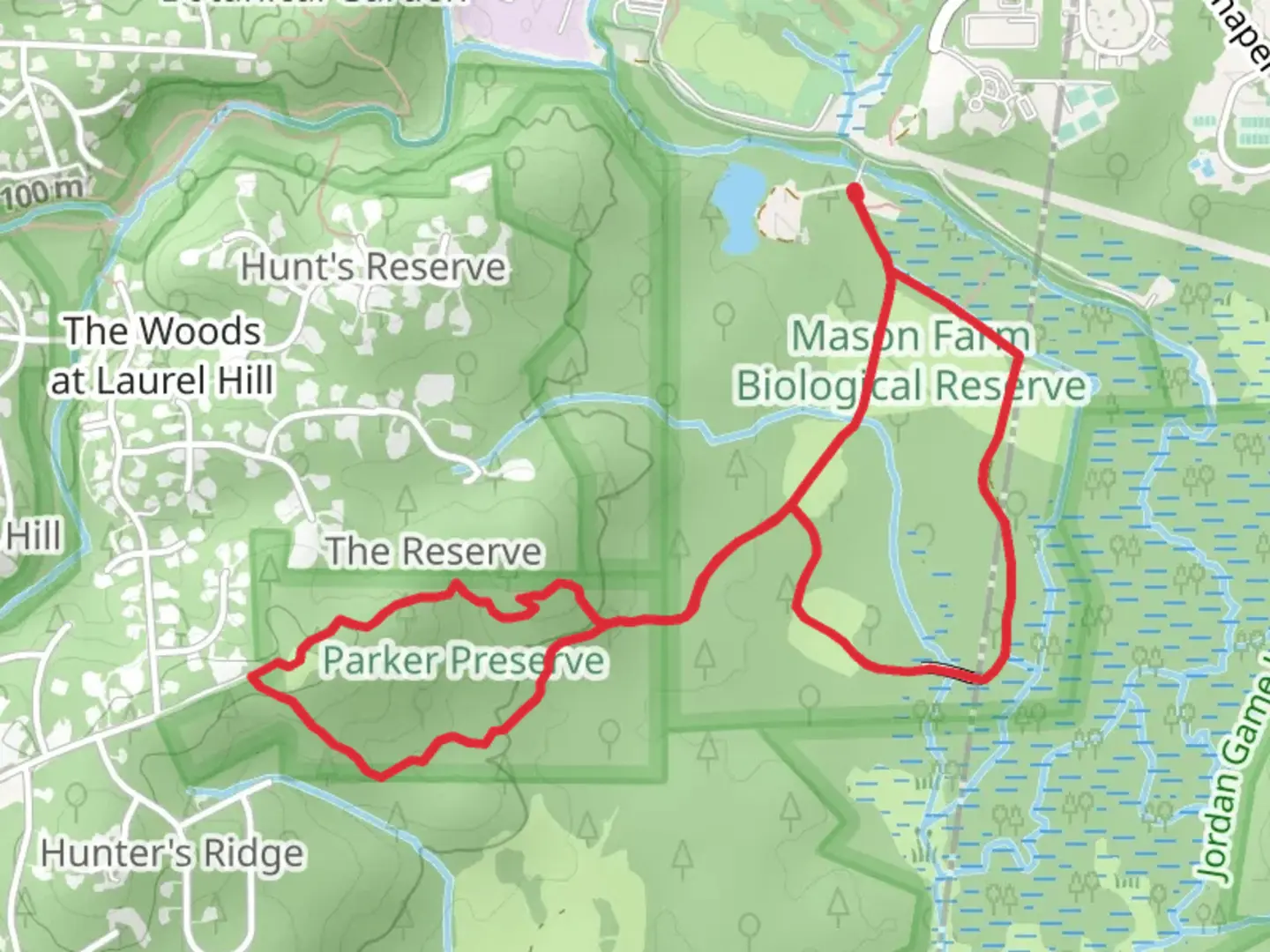 An image depicting the trail Old Farm, Mason farm and Woodland Loop Trail and its surrounding area.