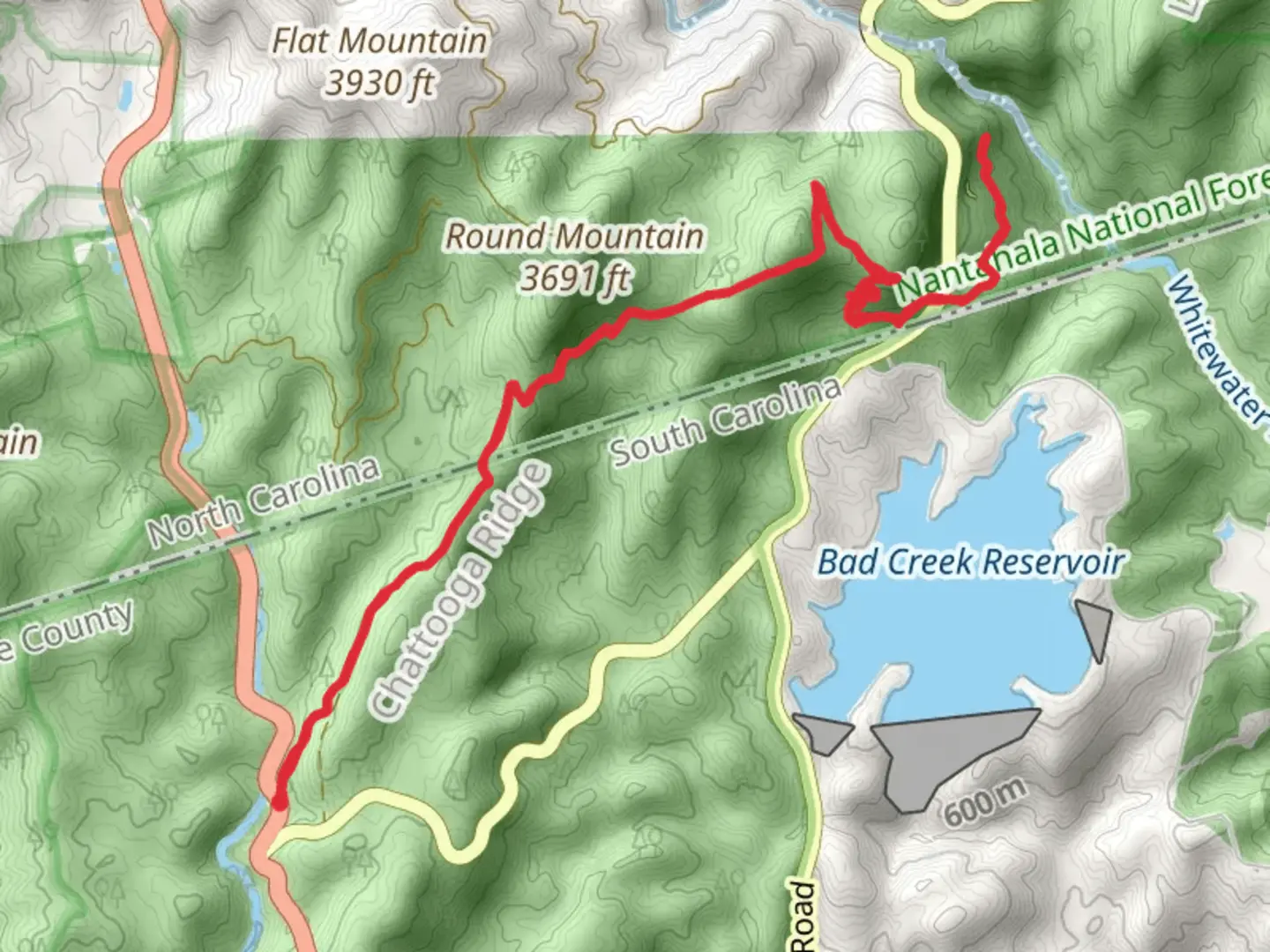 An image depicting the trail Round Mountain gap and Grassy Knob via Foothills Trail and its surrounding area.