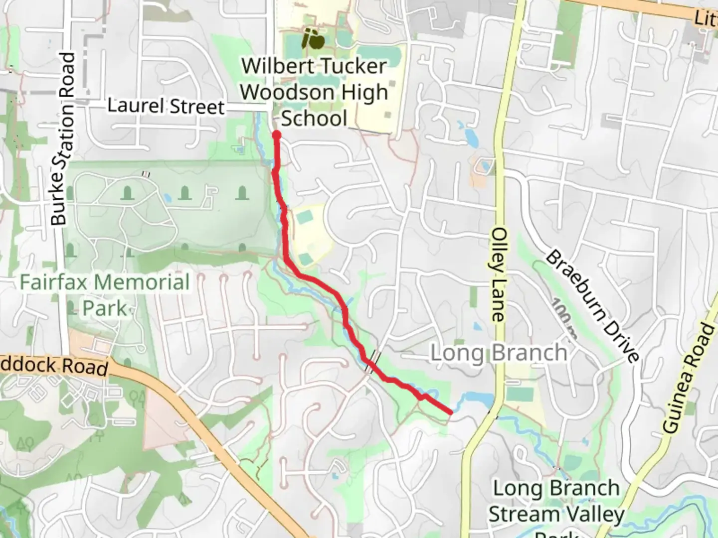 An image depicting the trail Long Branch and Smokewood Park and its surrounding area.