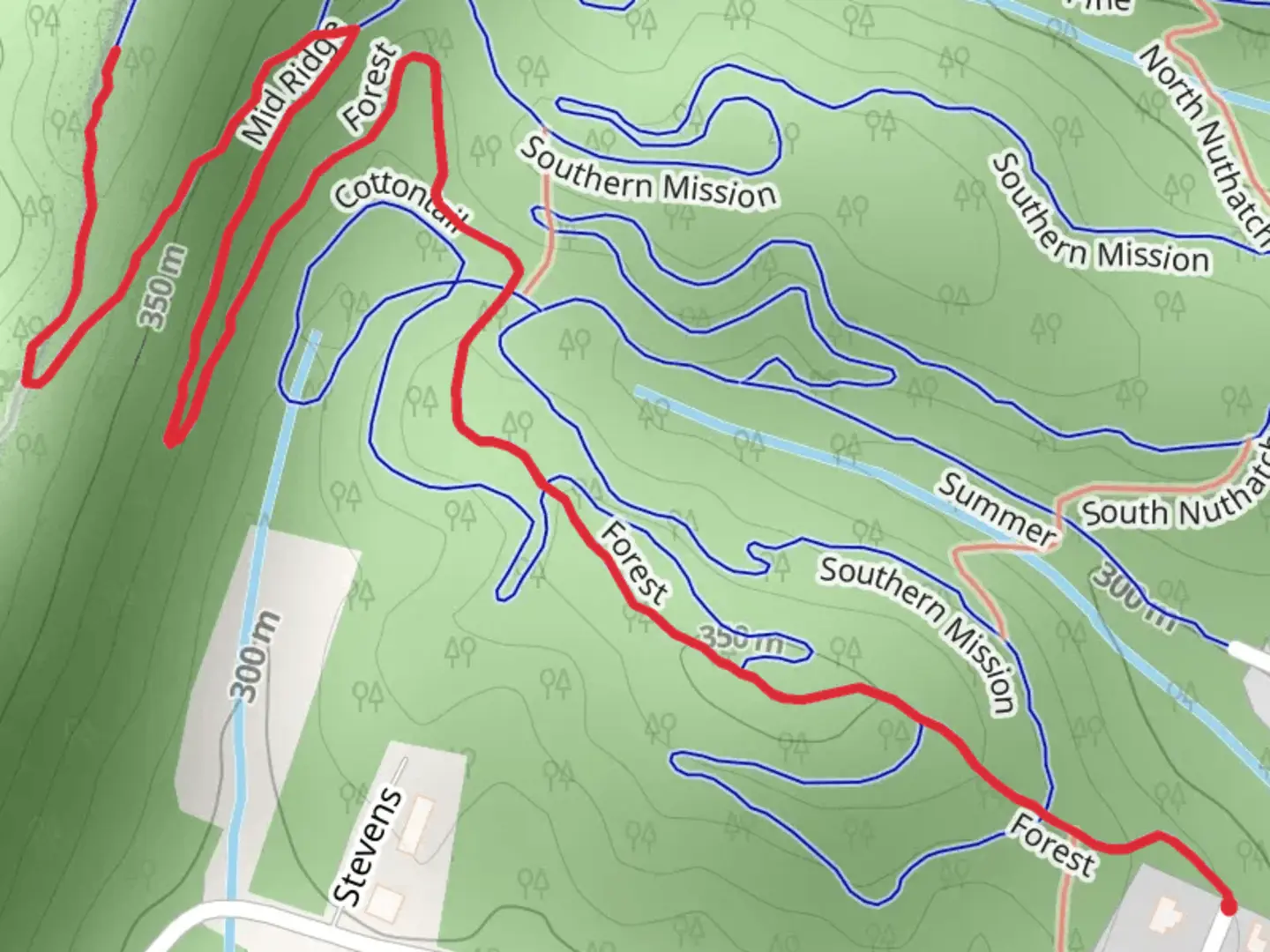 An image depicting the trail White Oak Ridge and its surrounding area.