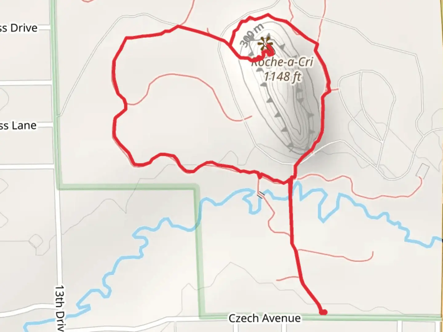 An image depicting the trail Roche-a-Cri via Acorn Trail and its surrounding area.