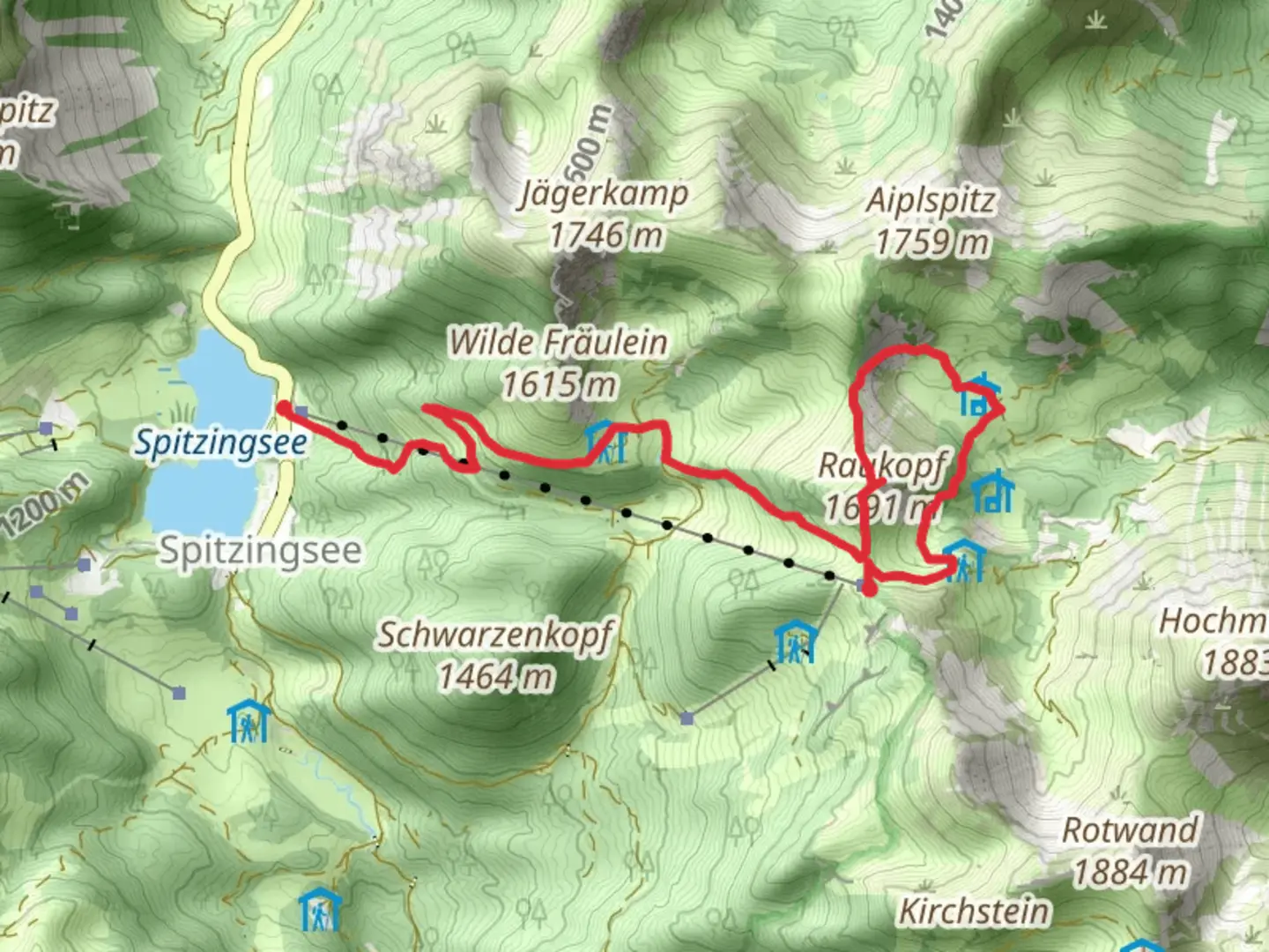 An image depicting the trail Spitzingsee and Raukopf via Wanderweg and its surrounding area.