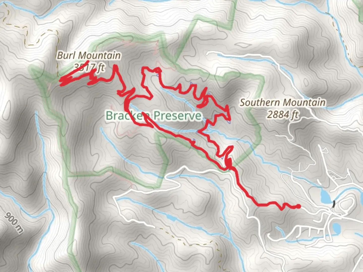 An image depicting the trail Burl Mountain via Bracken Mountain and Brushy Creek Loop Trail and its surrounding area.