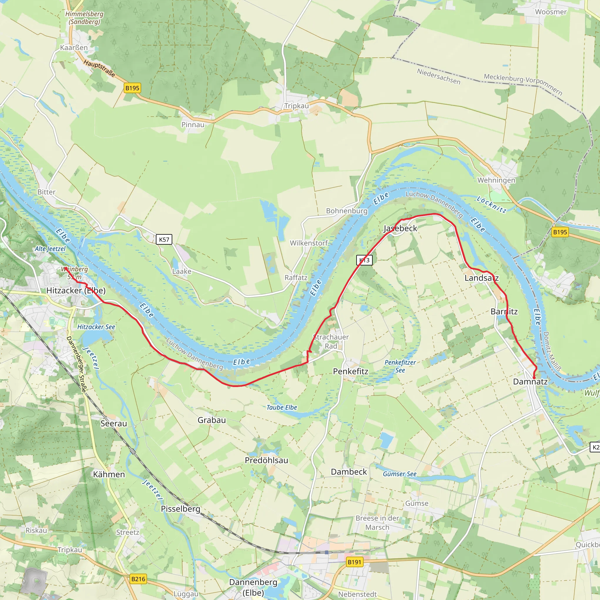 Damnatz to Hitzacker Walk via Elbe mobile static map