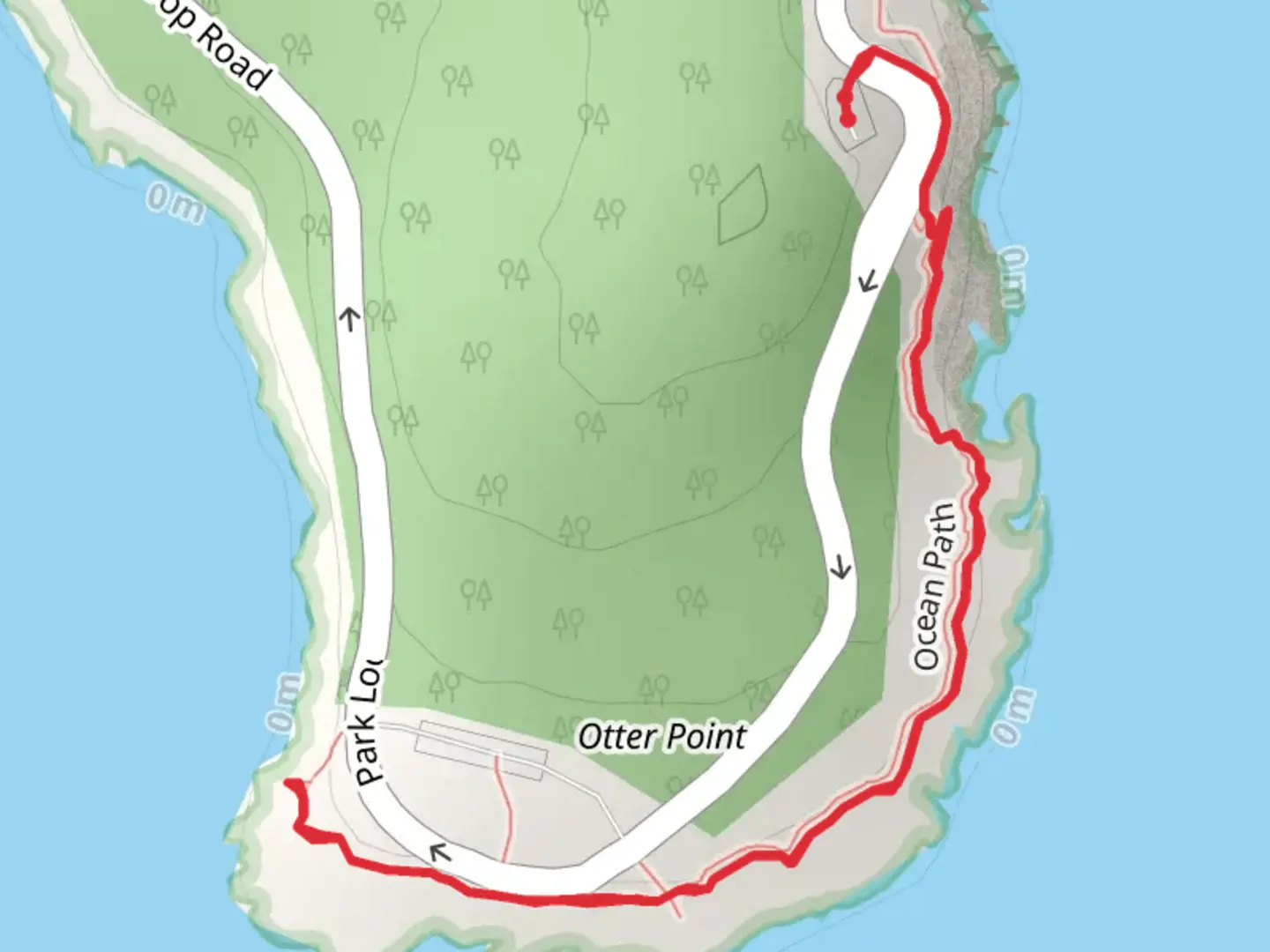 An image depicting the trail Ocean Path from Park Loop Road and its surrounding area.