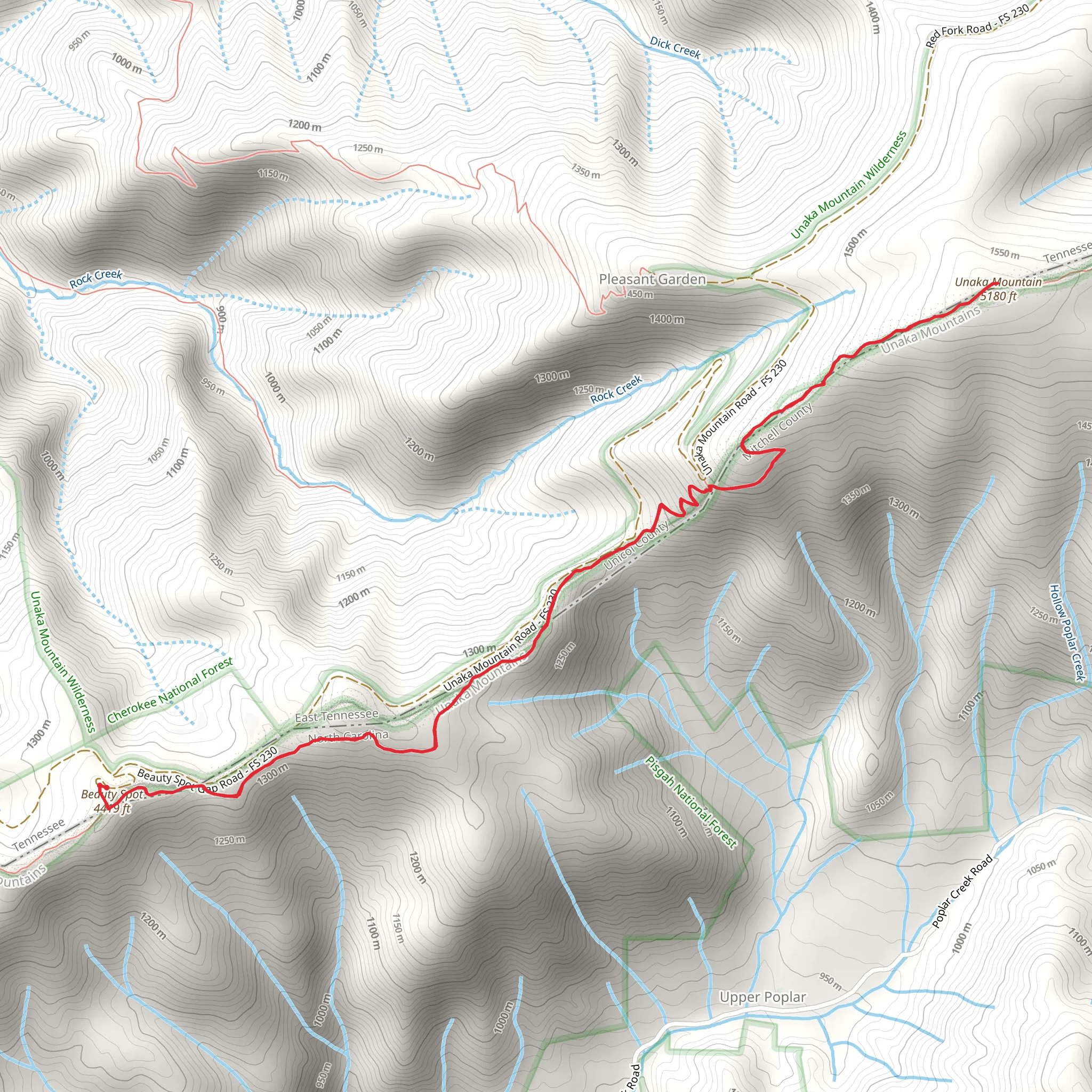 Unaka Mountain, Beauty Spot Gap, Beauty Spot and Appalachian Trail mobile static map