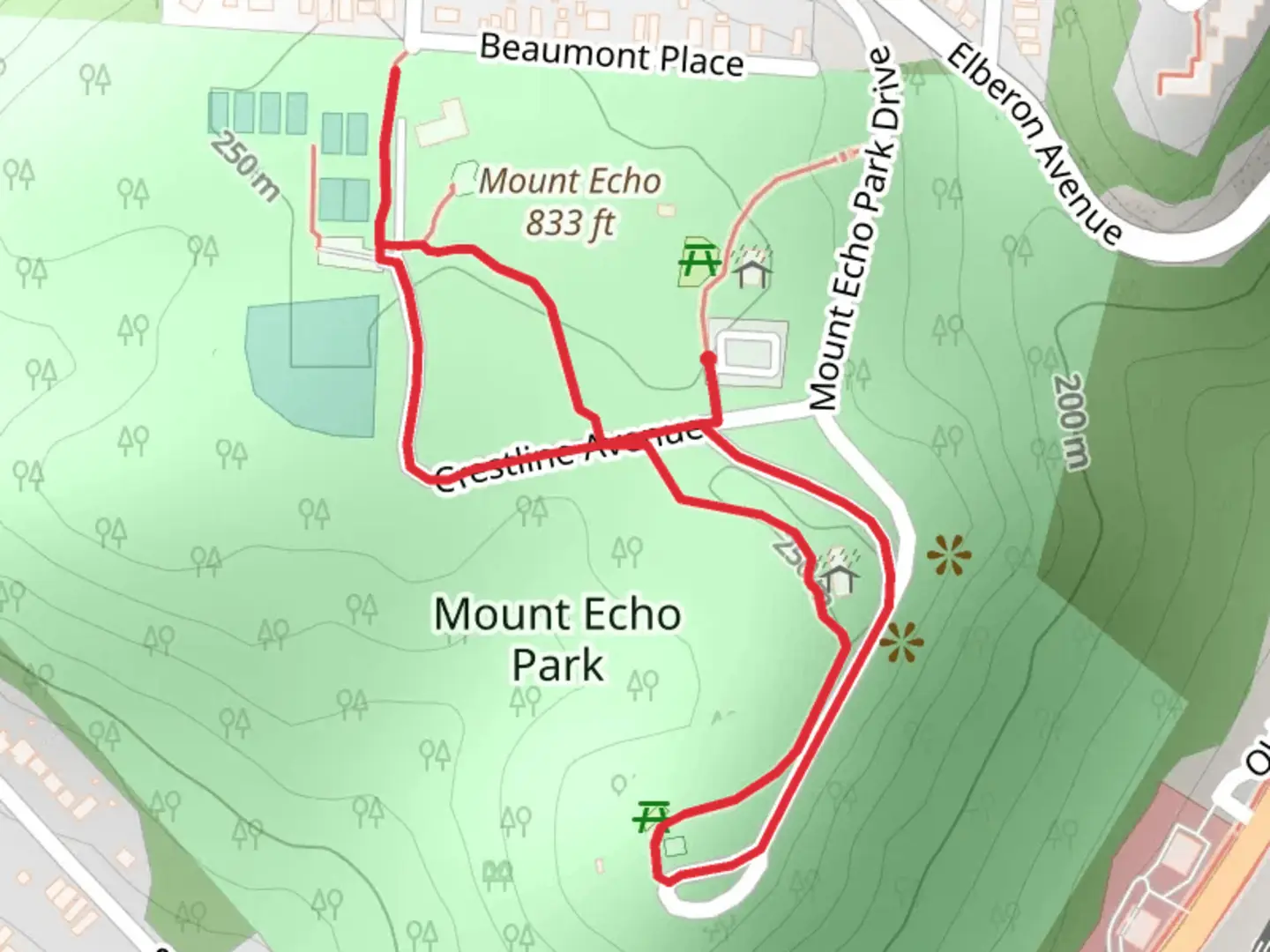An image depicting the trail Mount Echo Park Drive Loop and its surrounding area.