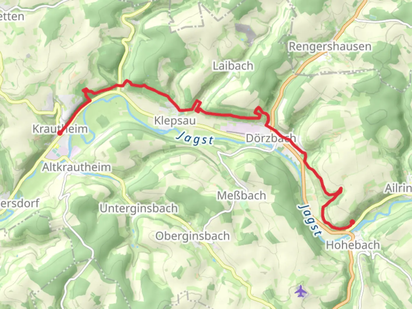 An image depicting the trail Krautheim to Rotelweiler Walk and its surrounding area.